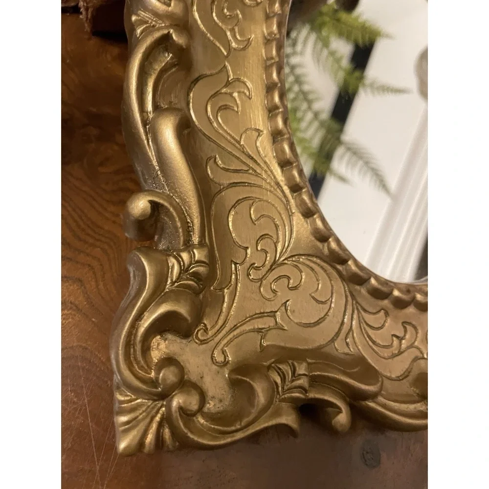 Vtg Ornate Gold Hollywood Regency Scroll Etched Design Resin Wall Mirror 7.5x9